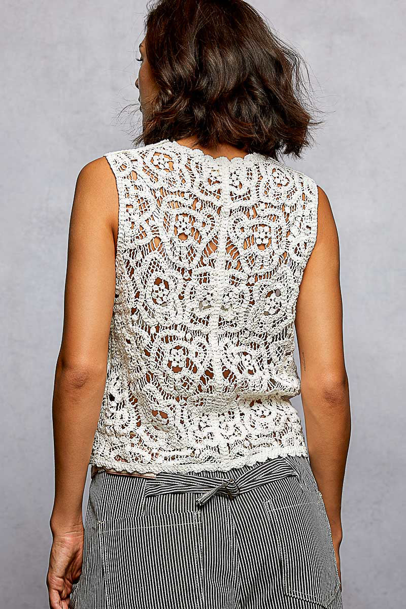 POL Button Down Cropped Crochet Vest with Scalloped Edge