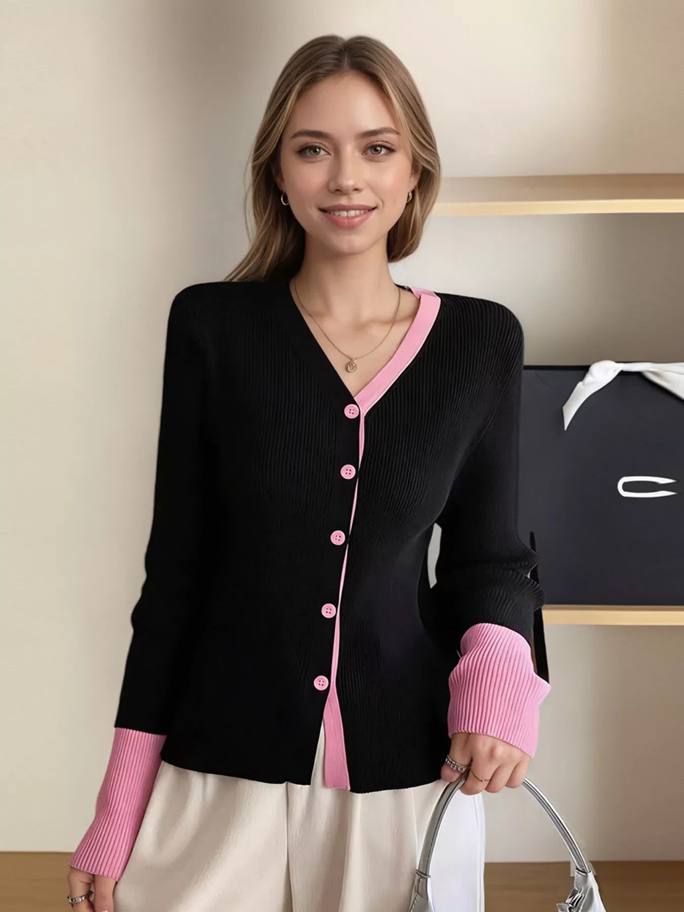 Contrast Trim Ribbed Knit Cardigan