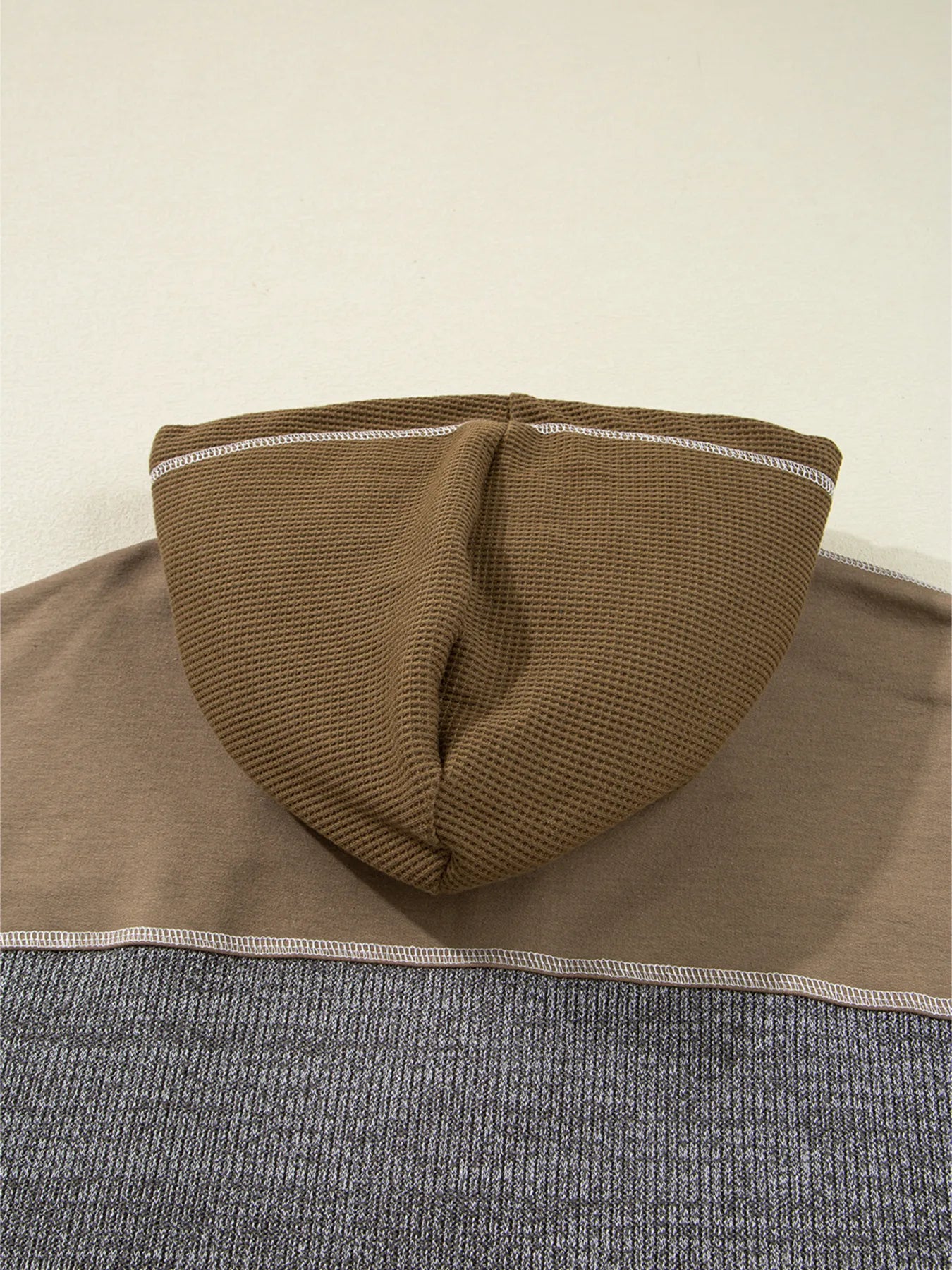 Mixed Texture Patchwork Exposed Seam Half Button Hoodie