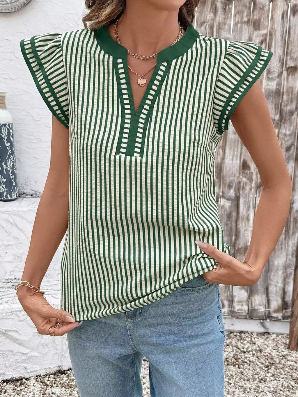 Striped Ruffle Sleeve Blouse