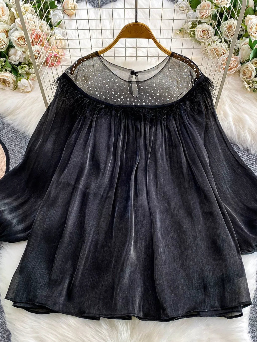Rhinestone Mesh Panel Blouse