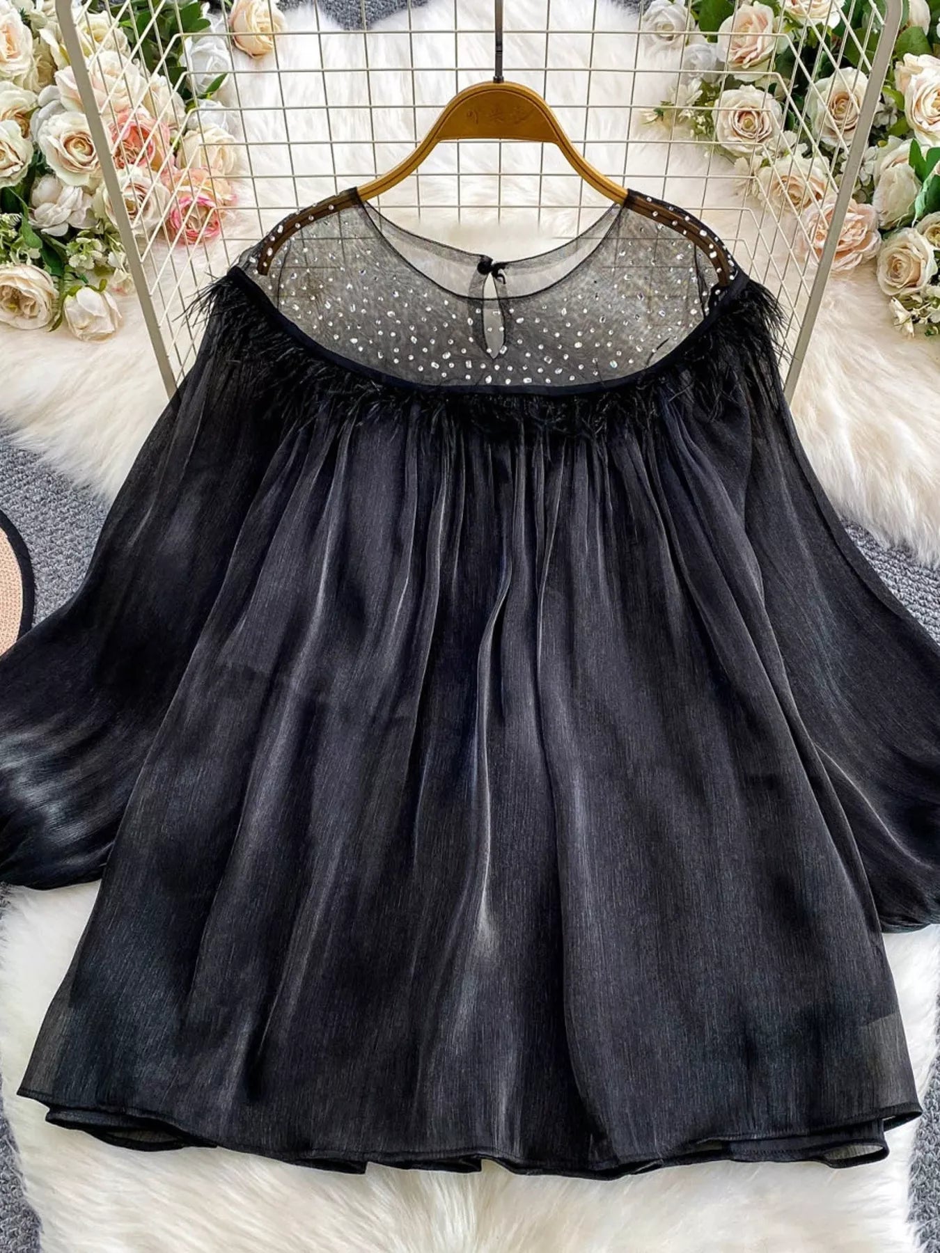 Rhinestone Mesh Panel Blouse