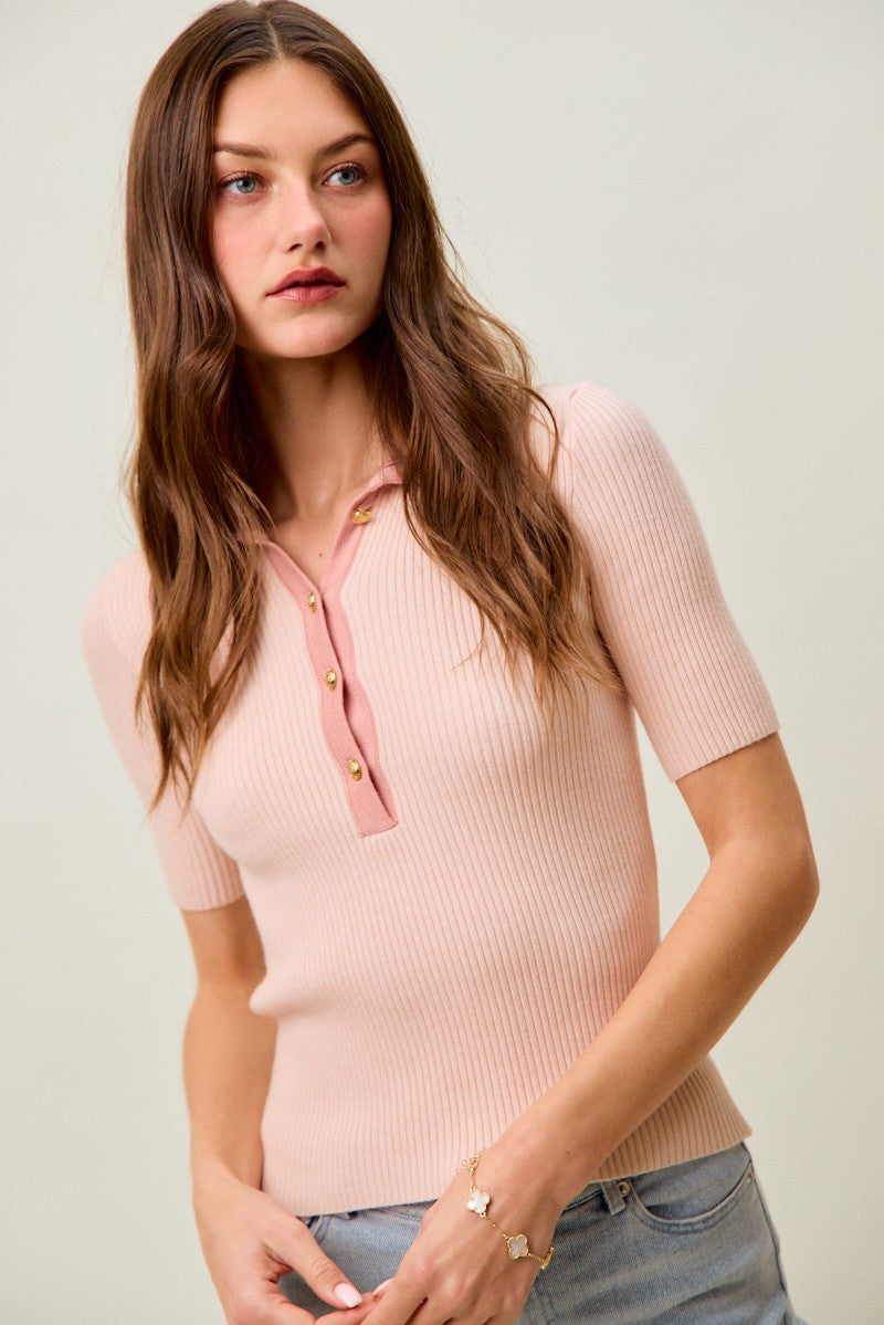 SO ME Contrast Collar Stretchy Rib Knit Short Sleeve Top