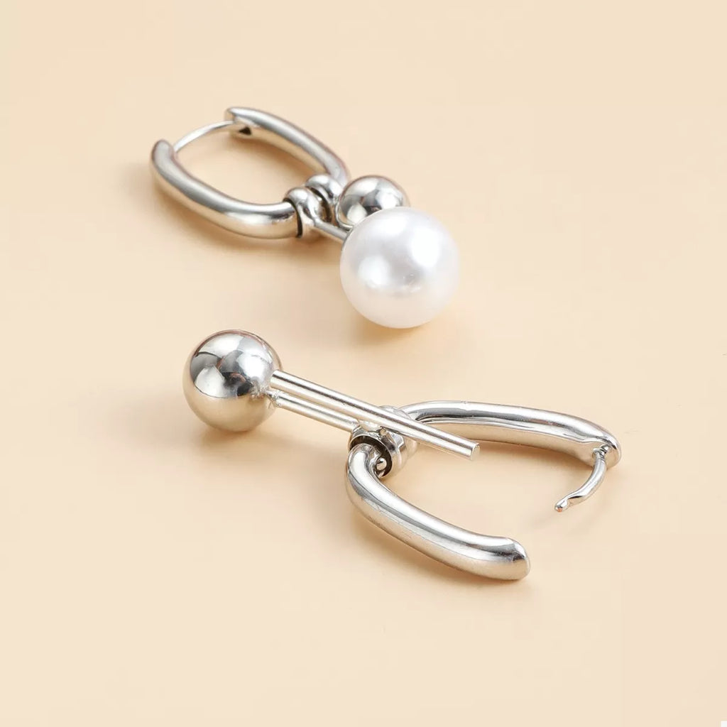 Asymmetrical Pearl Drop Hoop Earrings