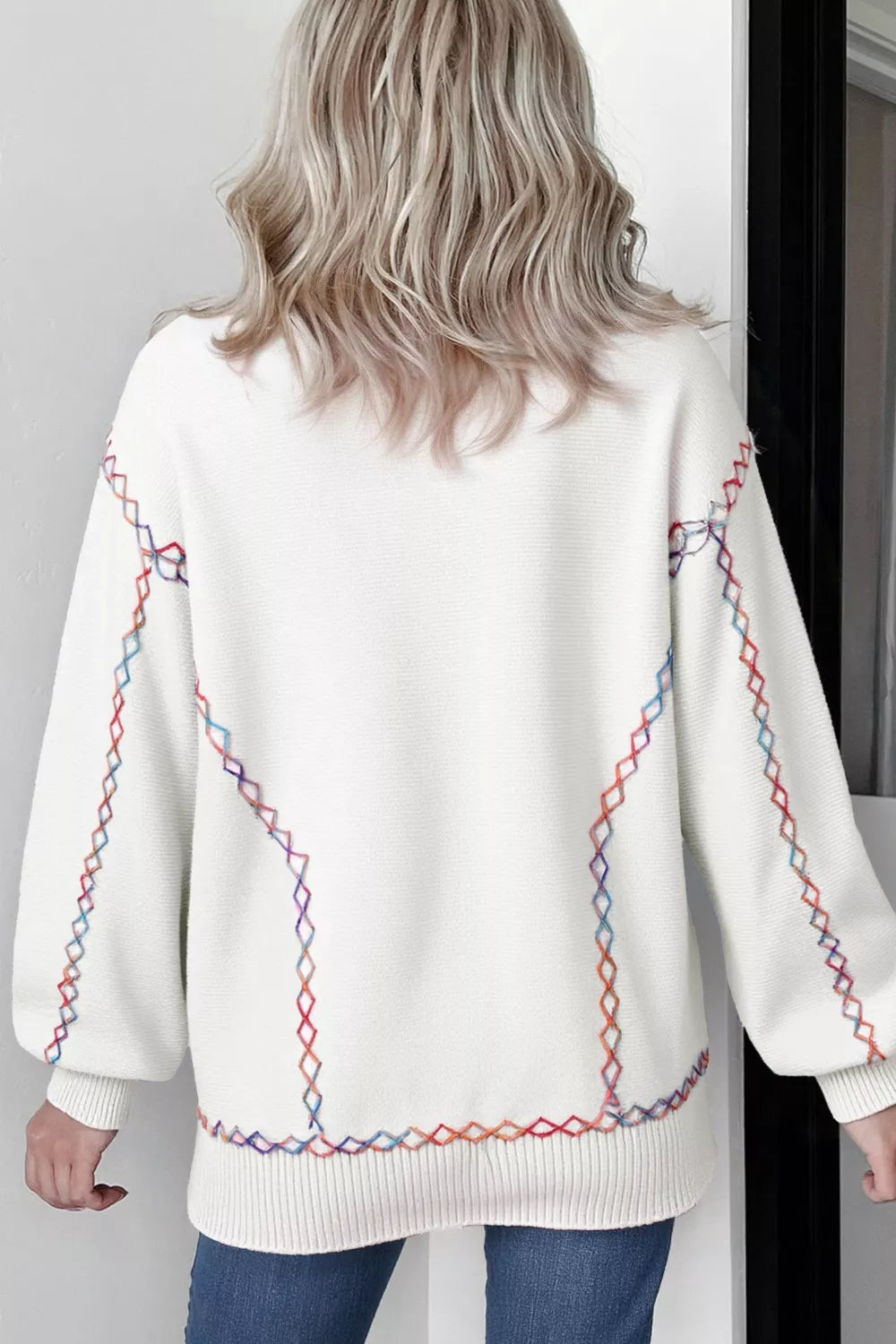 Rainbow Stitching Long Sleeve Relaxed Sweater
