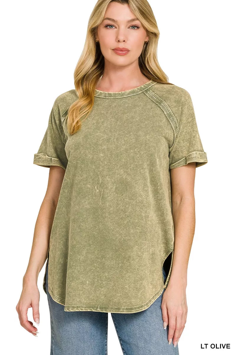 Zenana French Terry Washed Curved Hem Top
