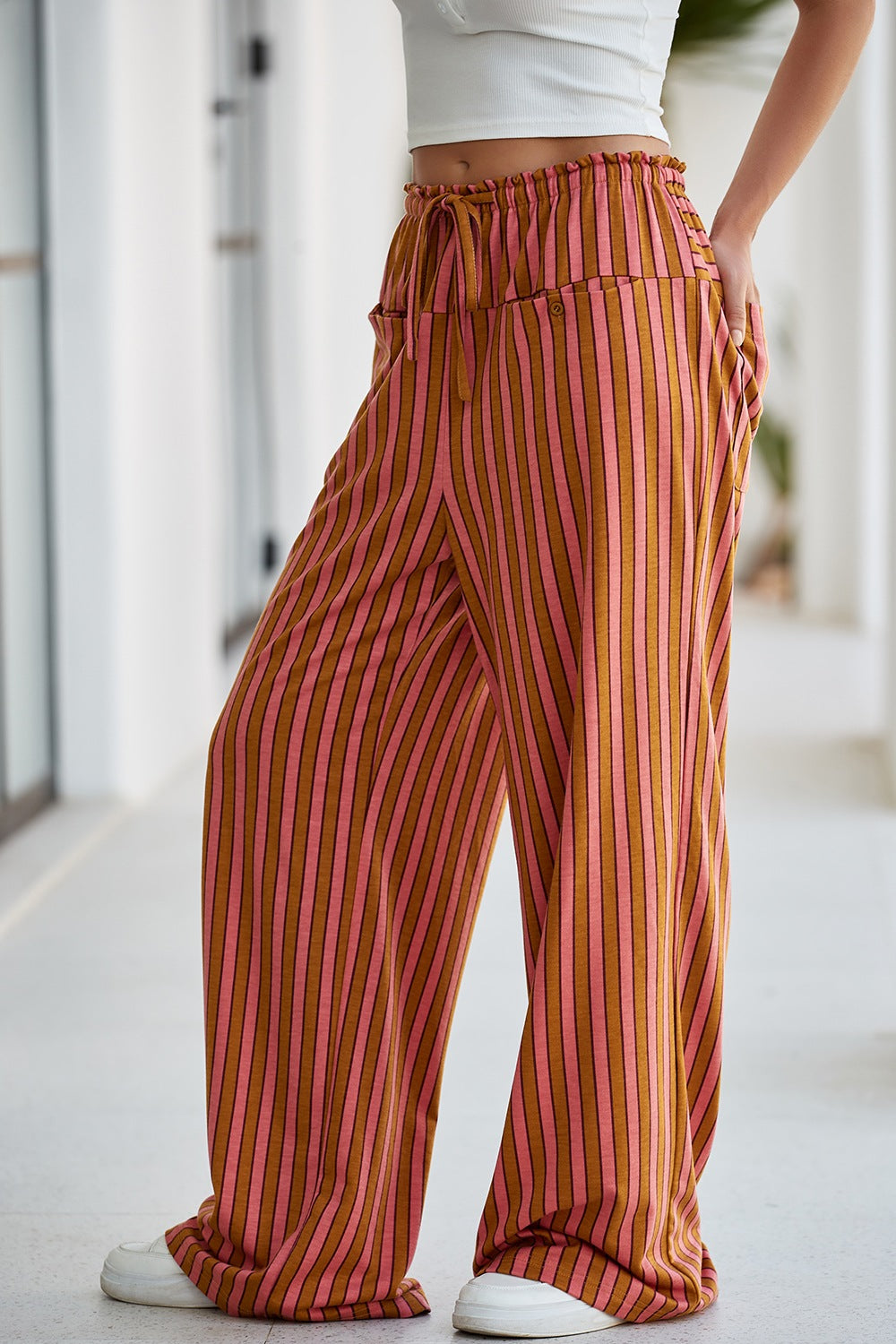 Stripe Button Pocket Tie Waist Casual Wide Leg Pants