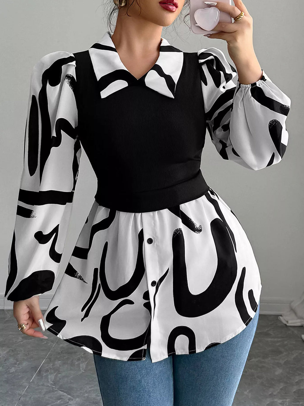 Abstract Print Long Sleeve Blouse