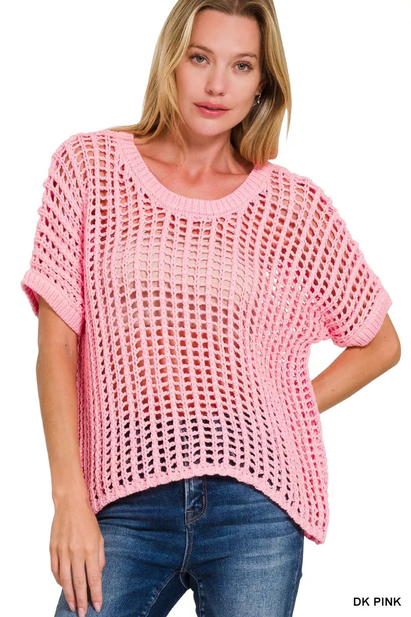 Zenana Fish Net Short Sleeve Crochet Knit Cover Up