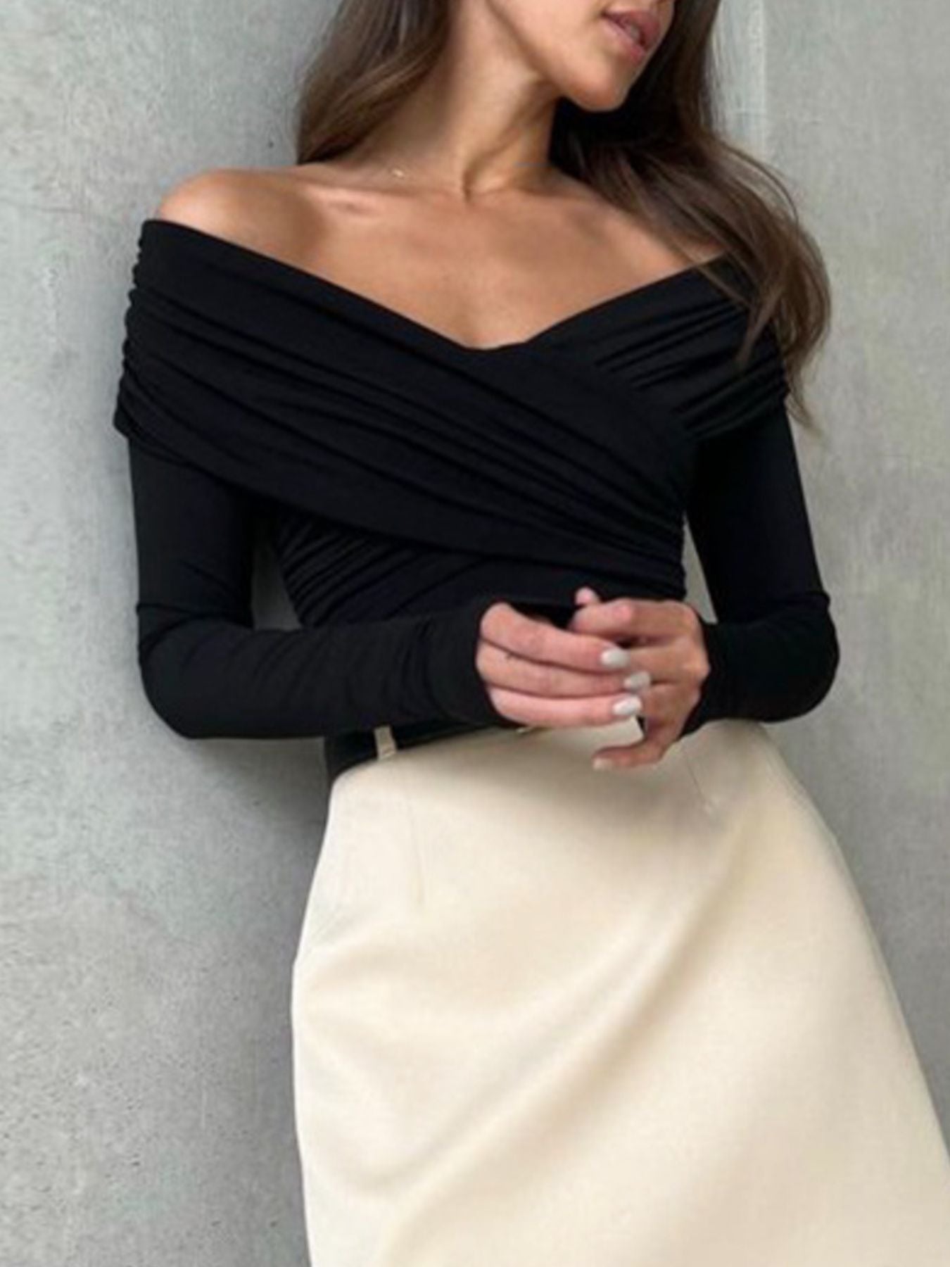 Off-Shoulder Ruched Long Sleeve Bodysuit