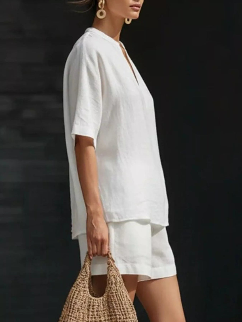 Notched Half Sleeve Top and Shorts Set