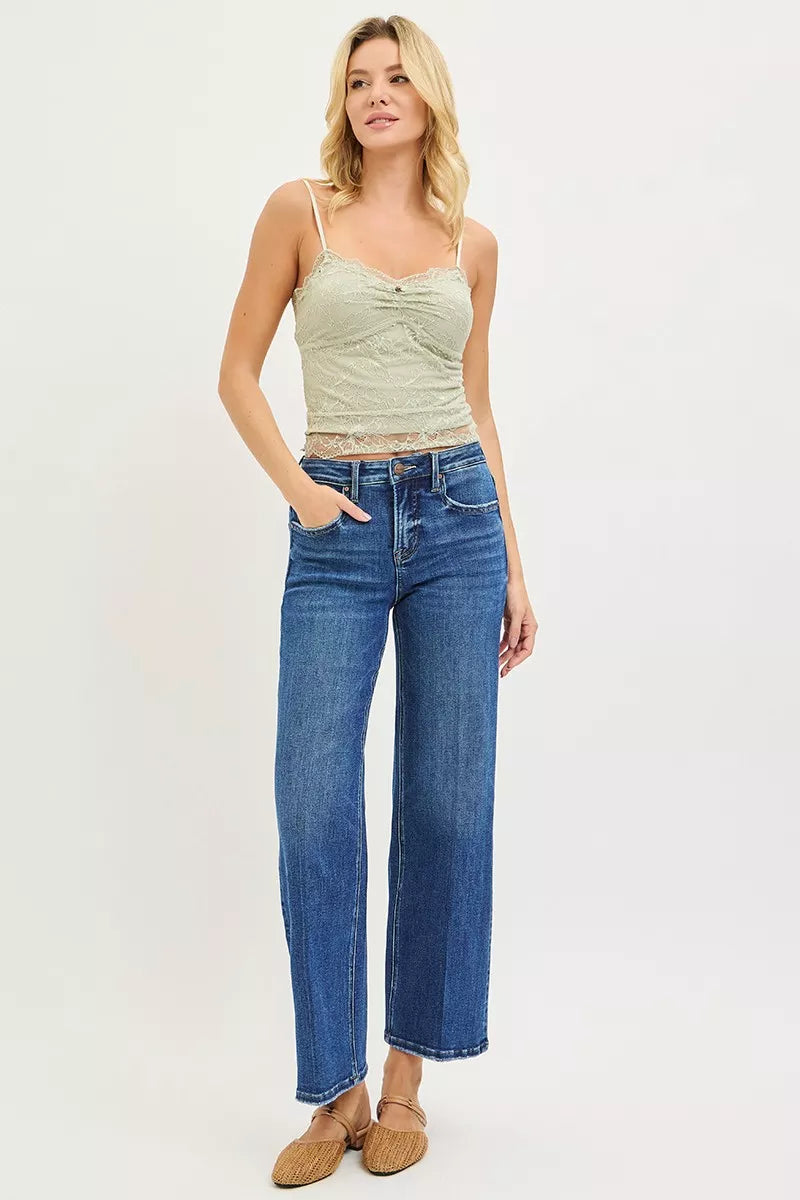 RISEN Tummy Control High Rise Ankle Straight Jeans with Crease Line