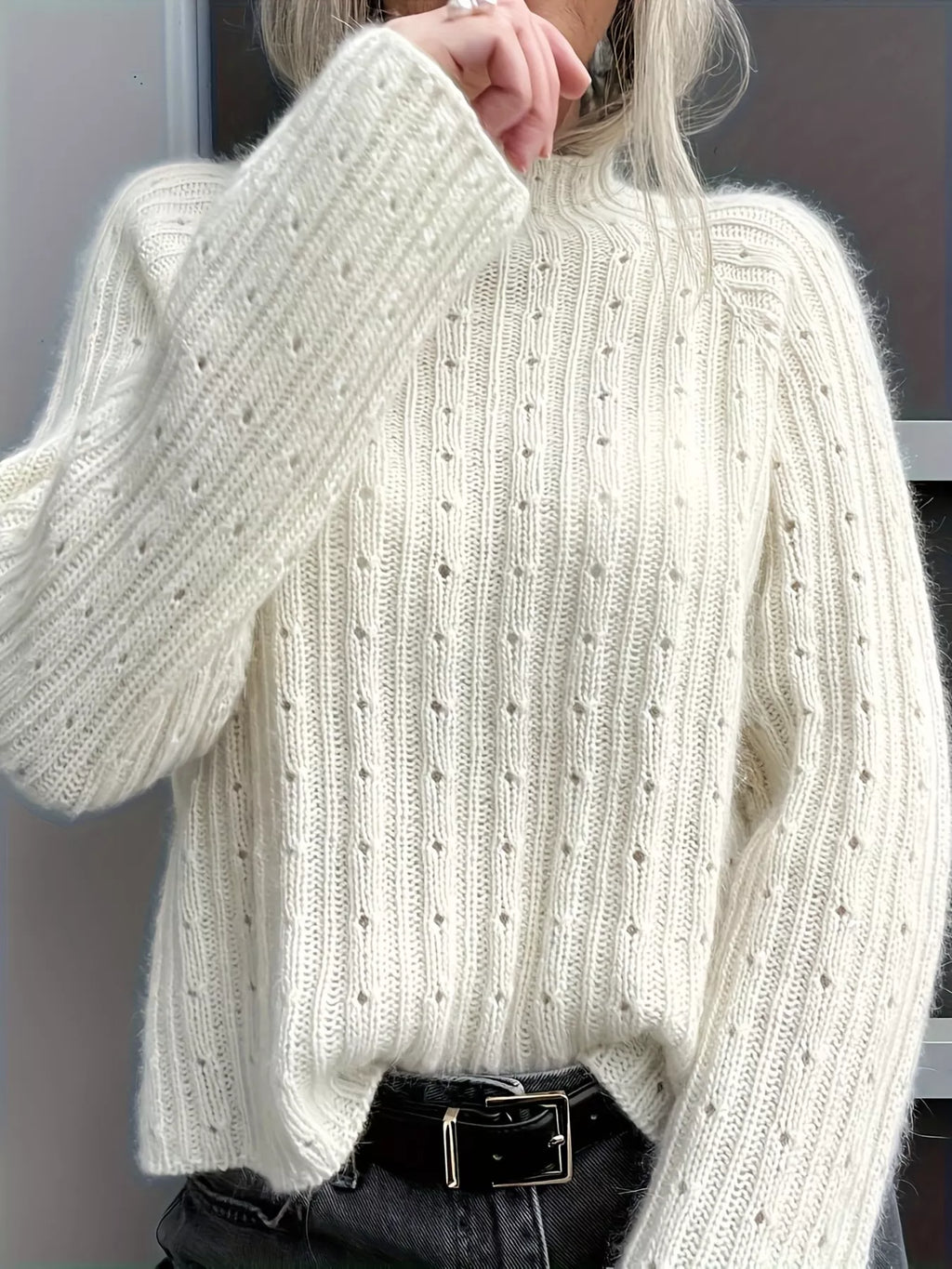 Mock Neck Eyelet Knit Top