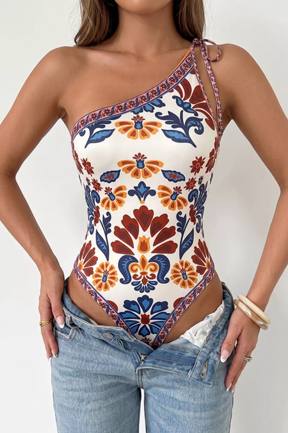 Floral Print One-Shoulder Tie Bodysuit