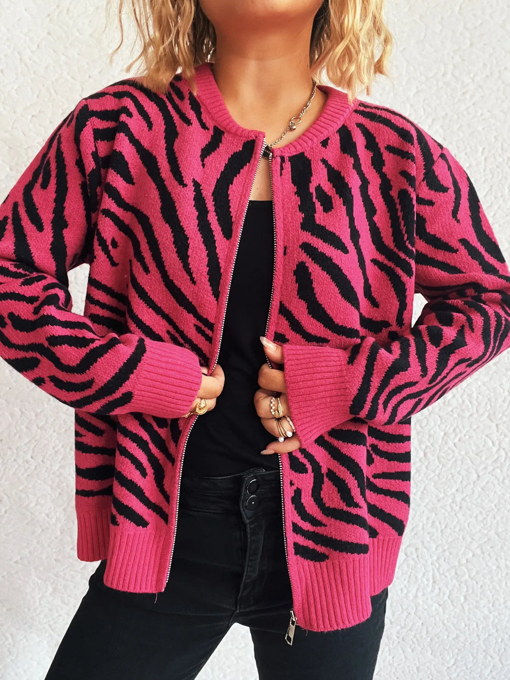 Zebra Print Zip Up Cardigan