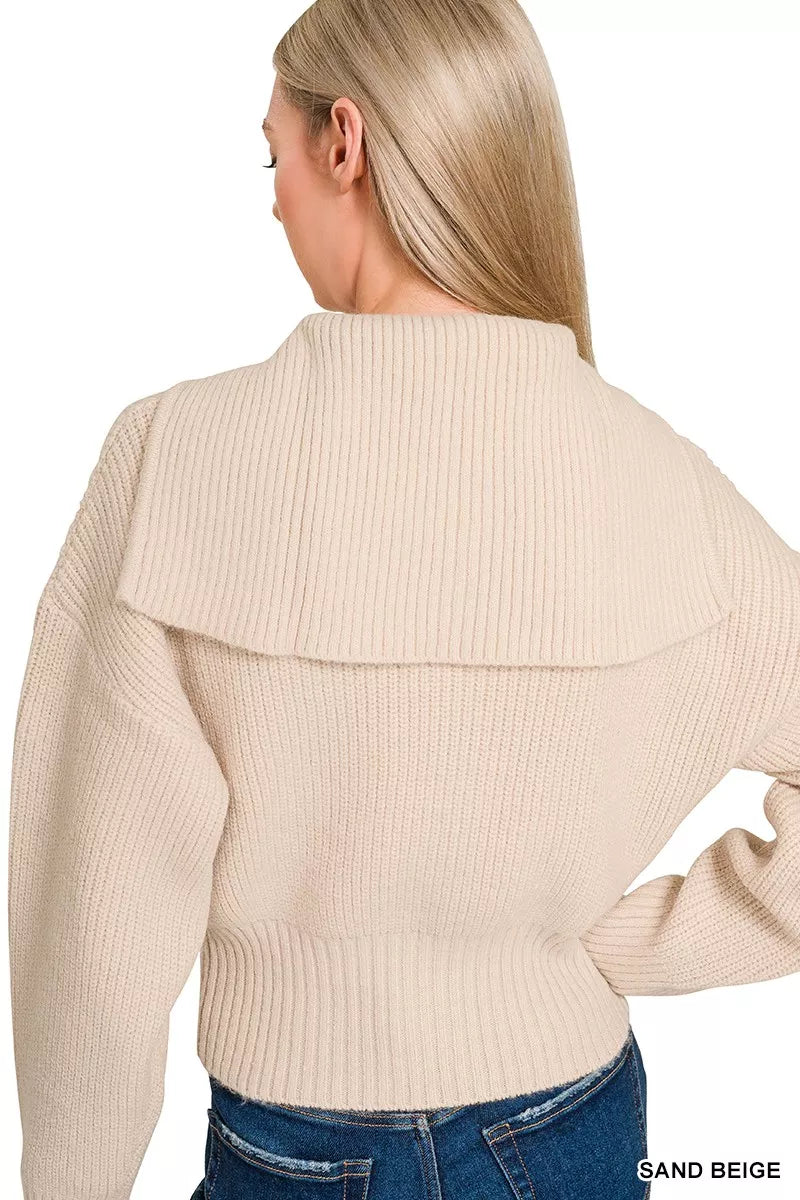 Zenana Ribbed Collared Zip Up Sweater Cardigan