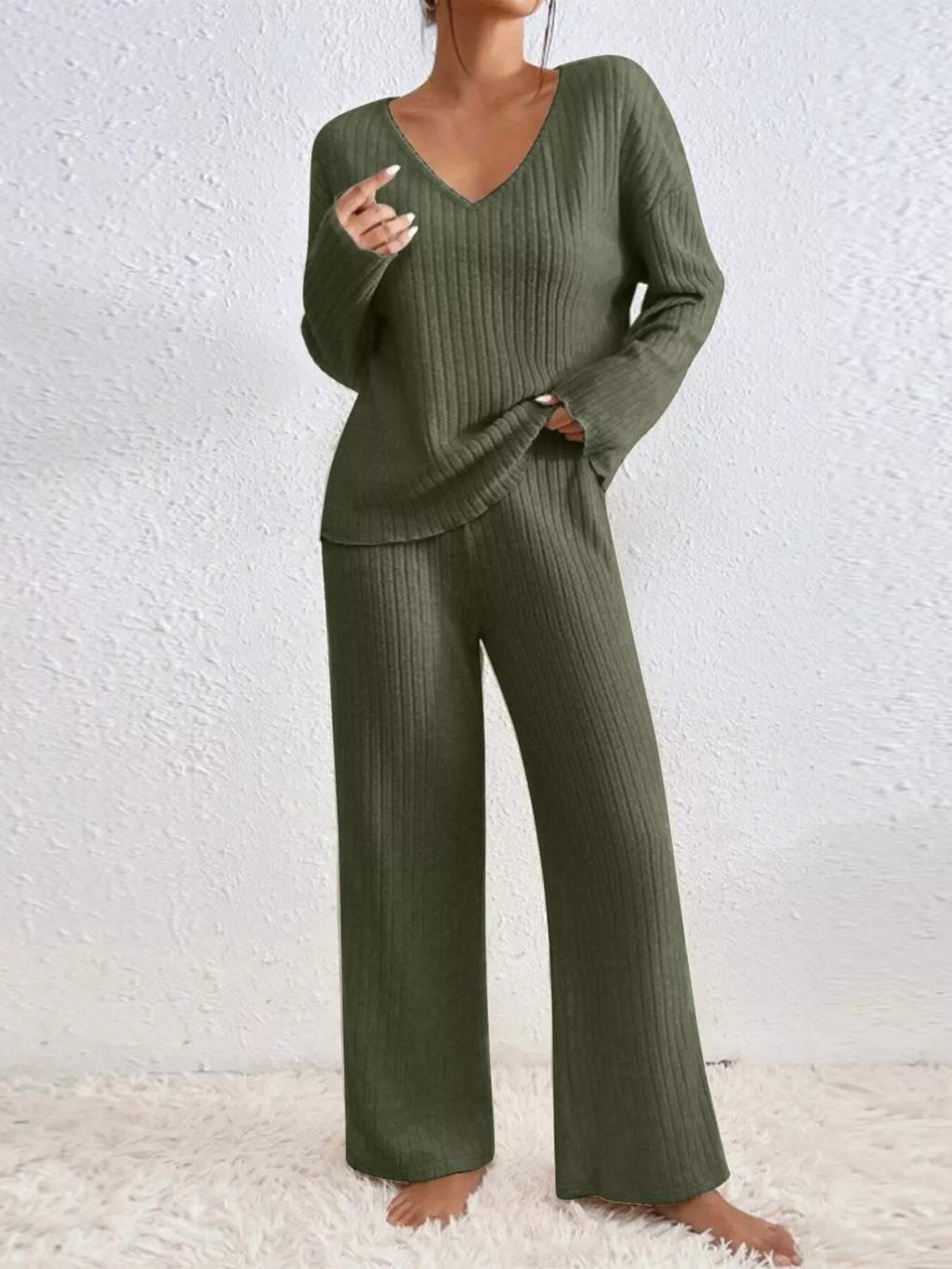 Ribbed V-Neck Top and Pants Set