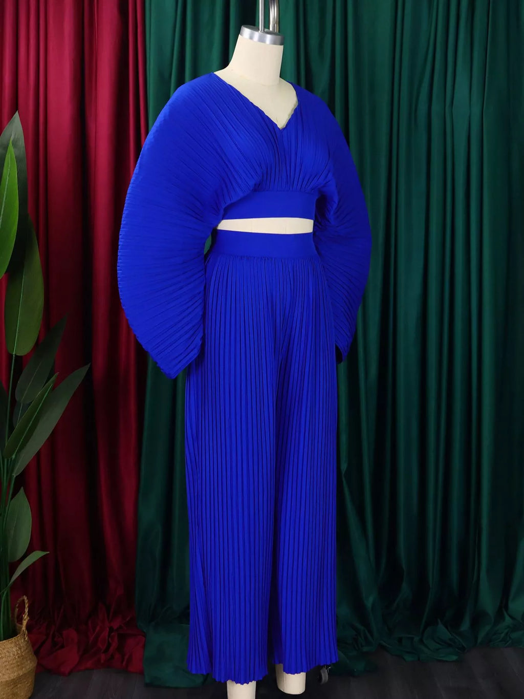 Full Size Pleated Crop Top and Wide Leg Pants Set Plus Size