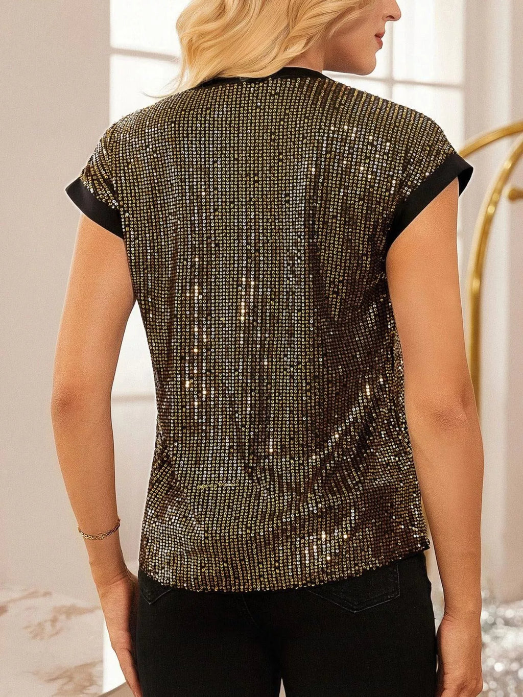Sequin Notched Cap Sleeve Blouse