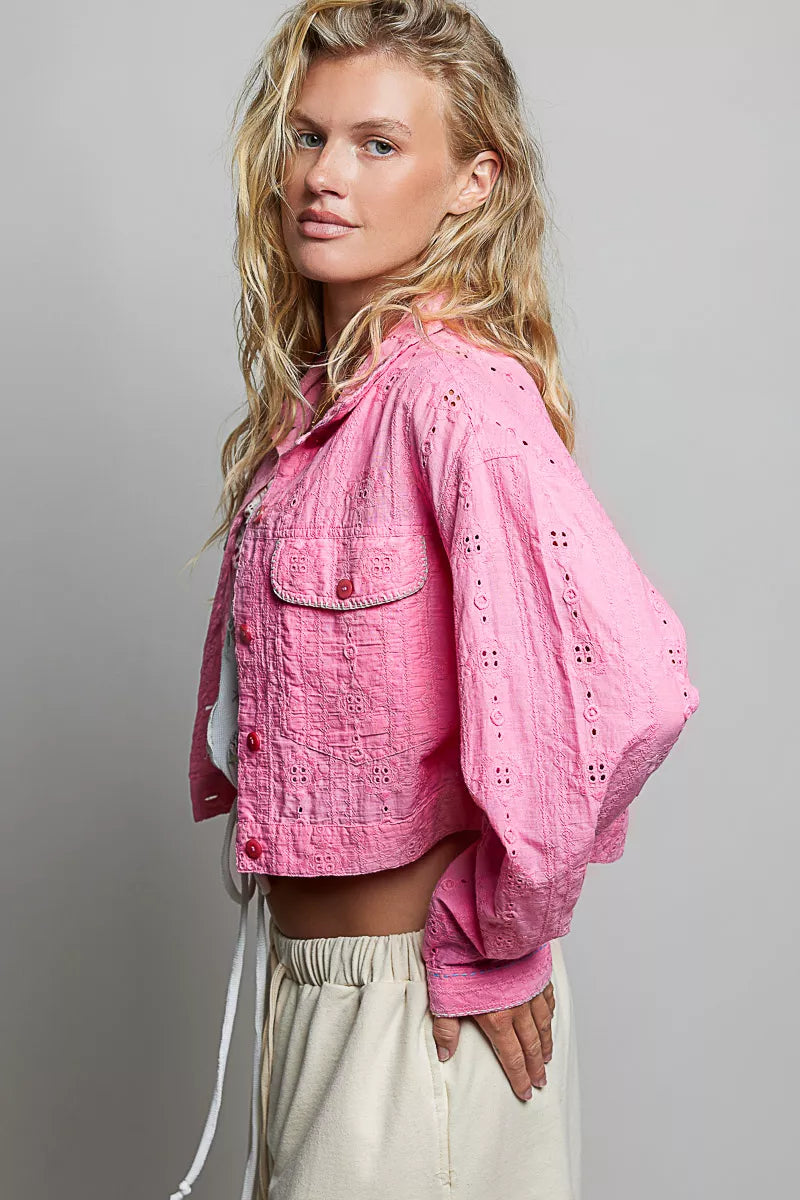 POL Eyelet Textured Cotton Cropped Button-Front Jacket
