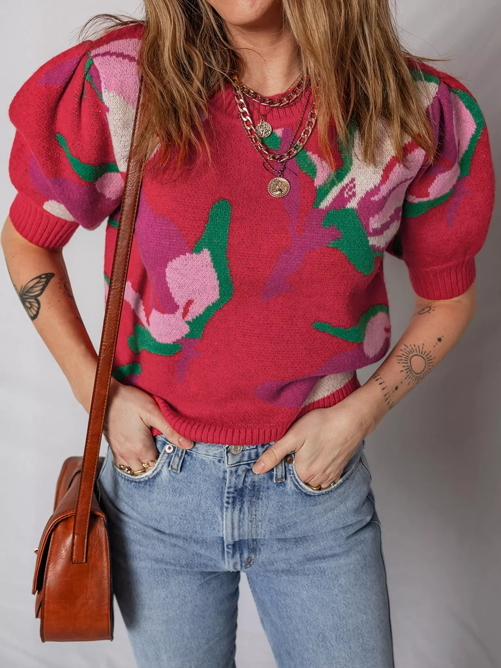 Floral Abstract Print Short Puff Sleeve Sweater