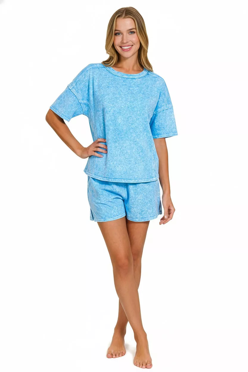 Zenana Halo Snow Washed Short Sleeve Tee and Shorts Set