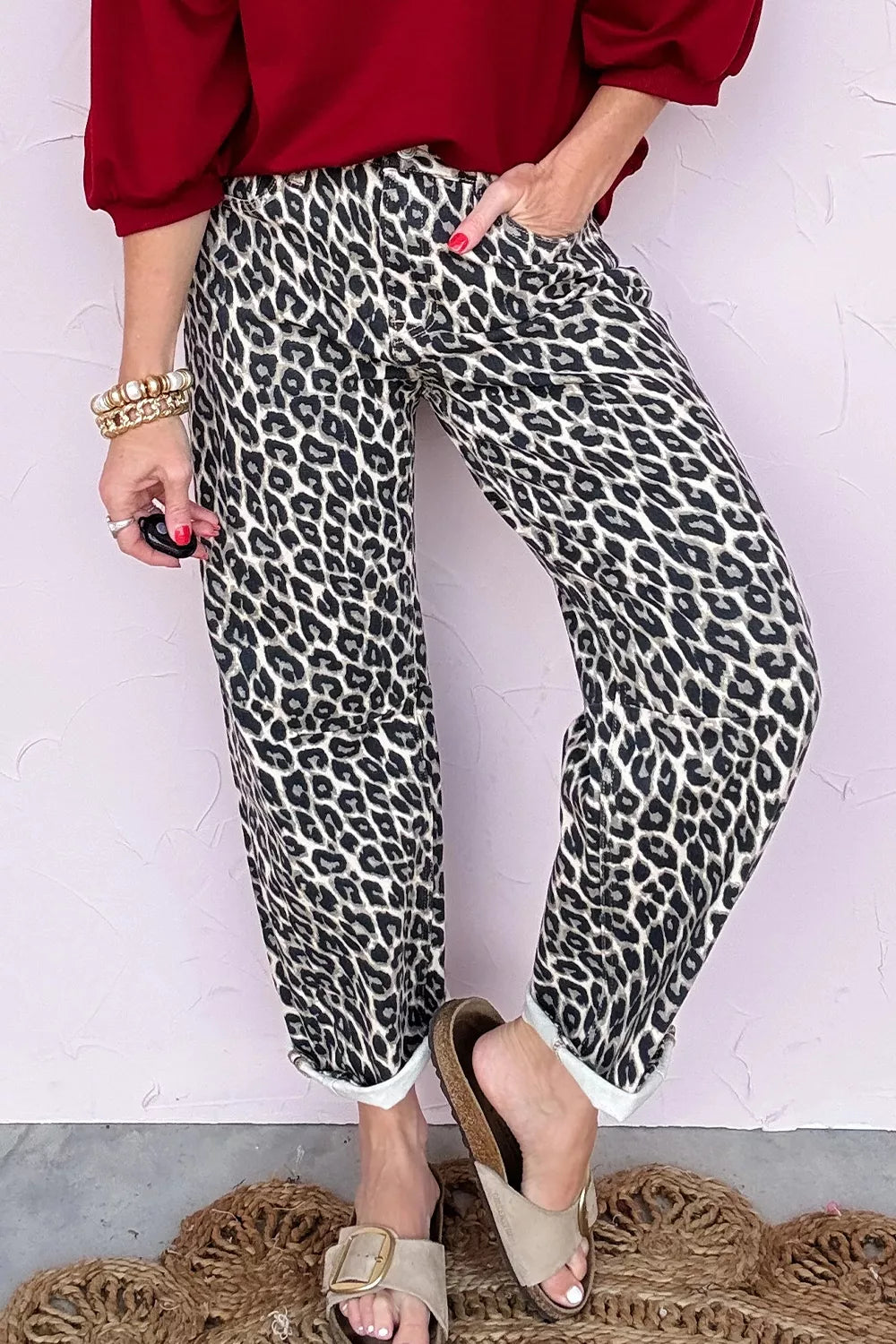Leopard Print Barrel Jeans