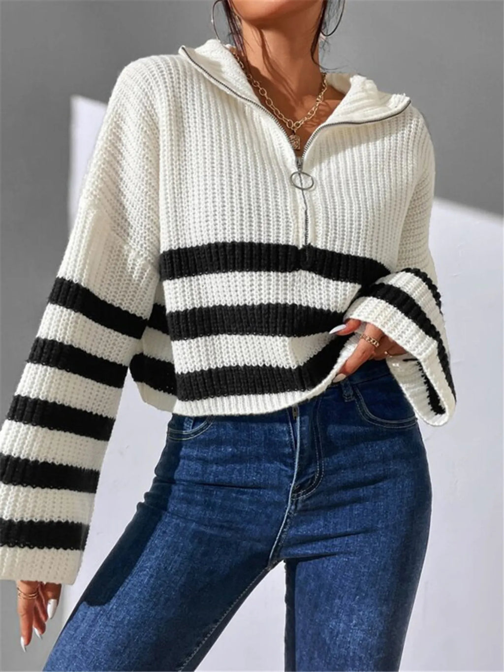 Striped Half Zip Cropped Sweater