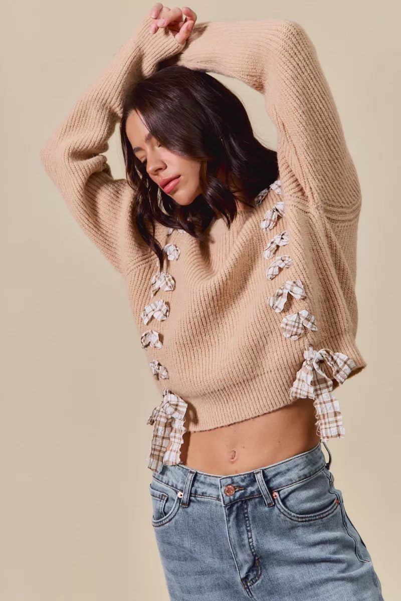 SO ME Checkered Plaid Tape Lace Up Ribbed Sweater