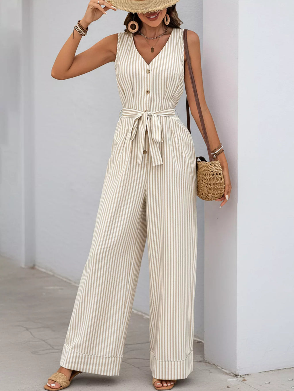 Striped Button-Front Wide Leg Jumpsuit