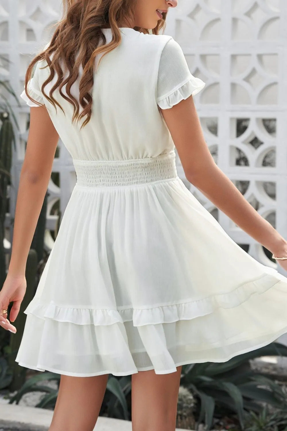 Tie-Front Mini Dress with Smocked Waist