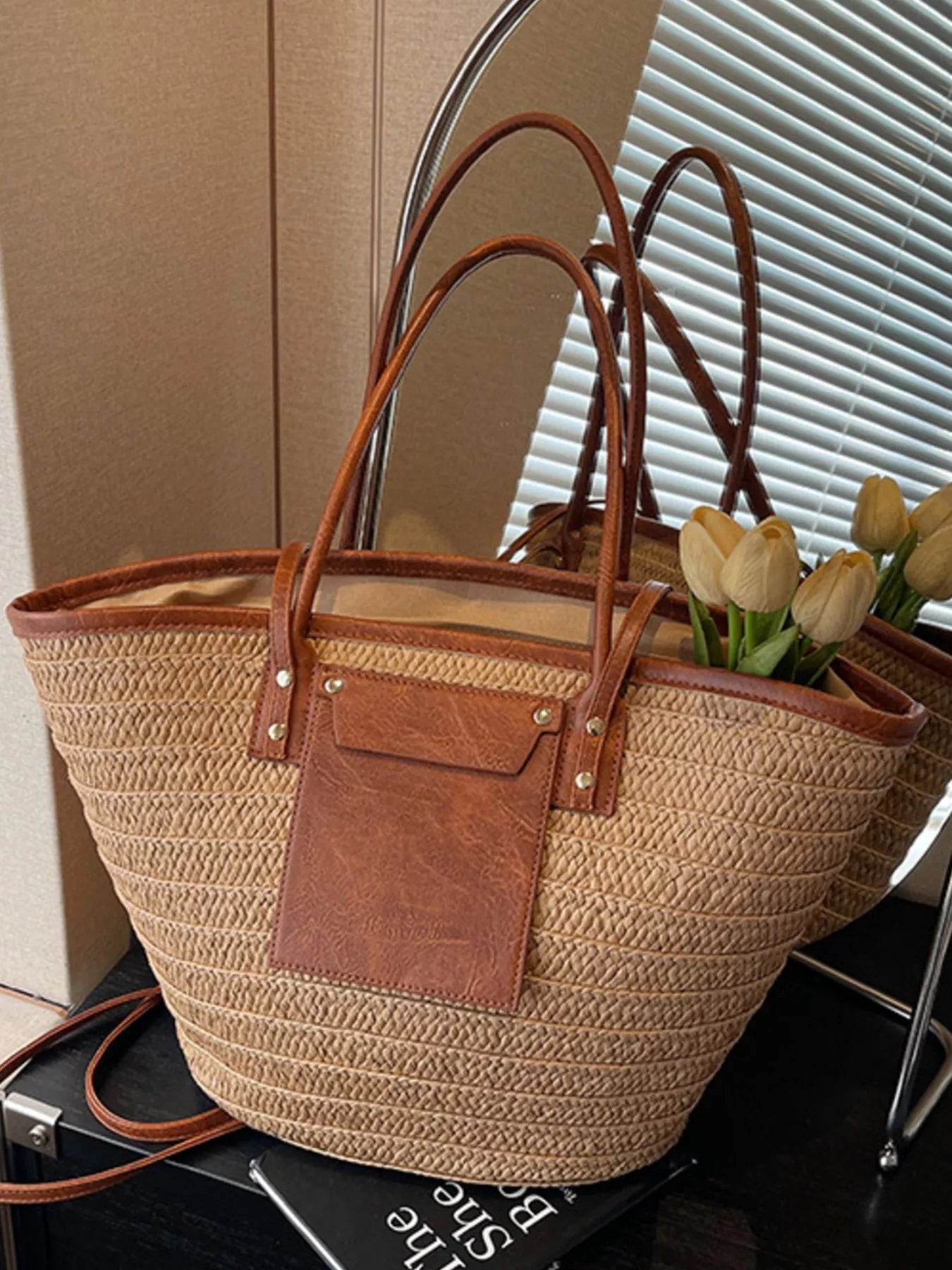 Straw Woven Shoulder Bag with Leather Accents