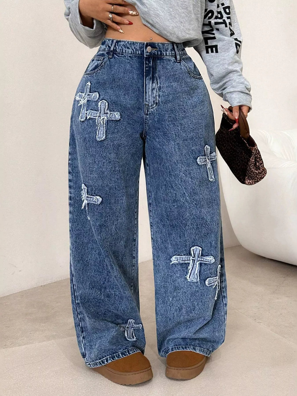 Embellished Cross Wide-Leg Jeans