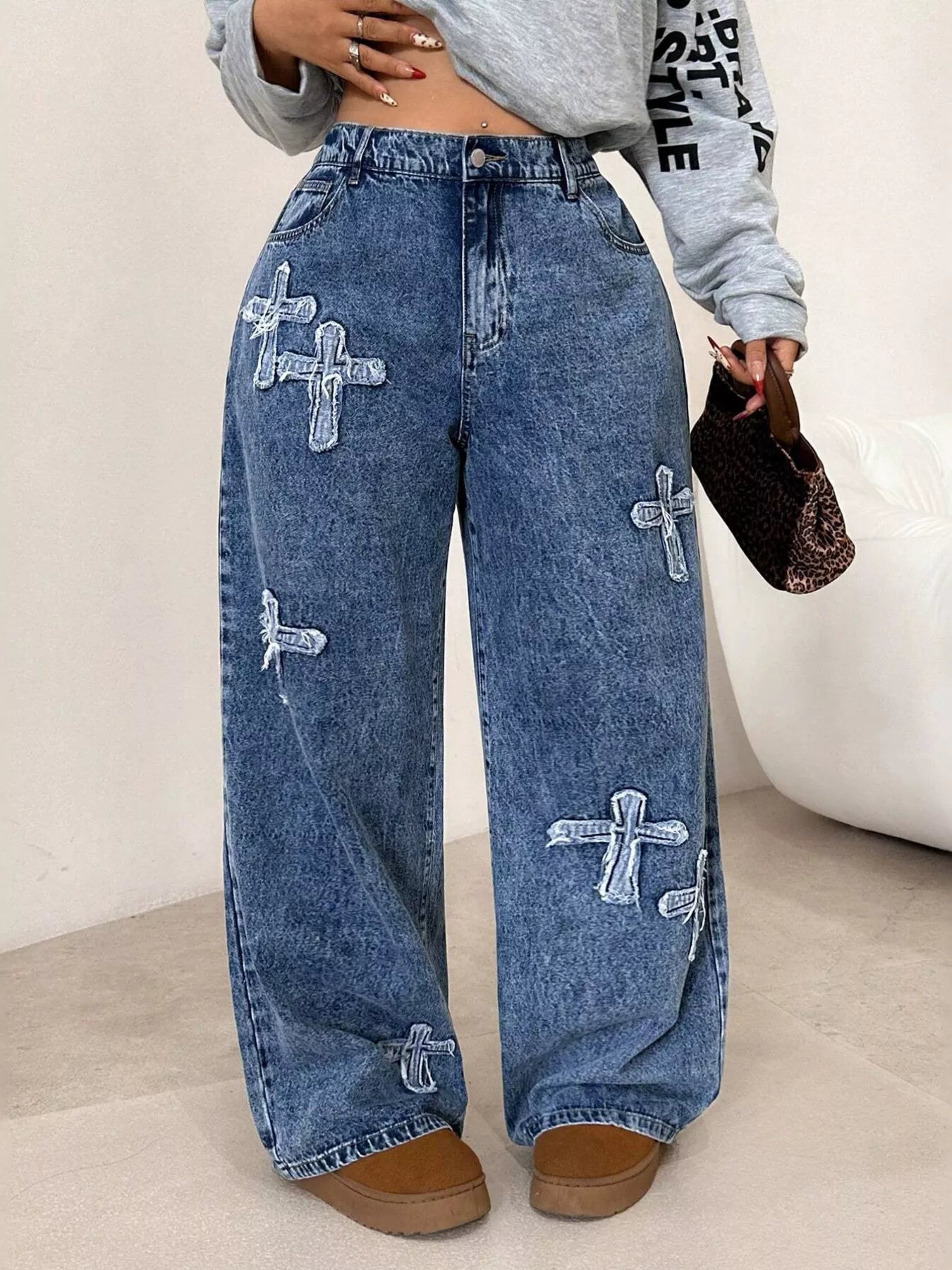 Embellished Cross Wide-Leg Jeans
