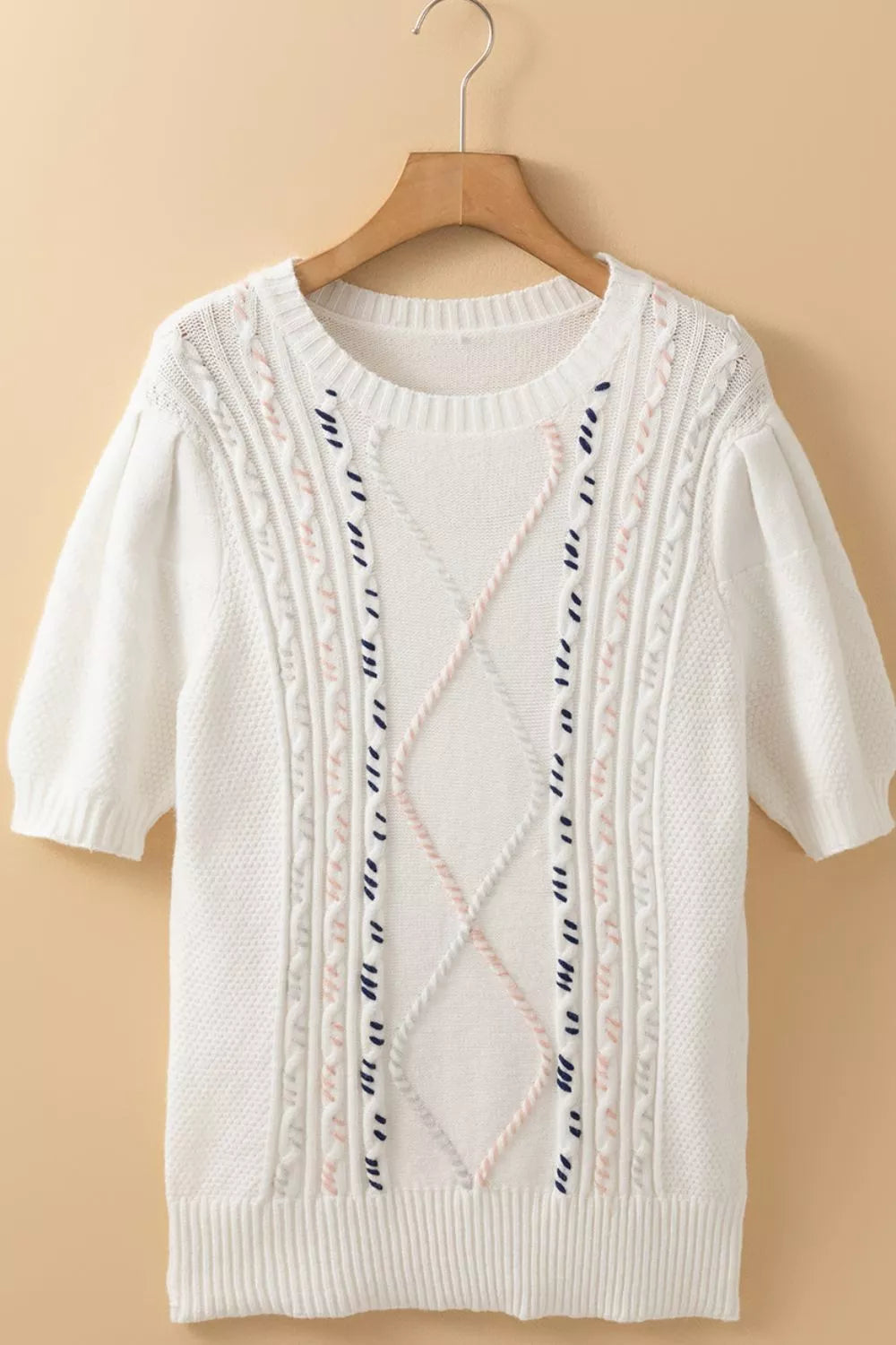Cable Knit Round Neck Half Sleeve Sweater