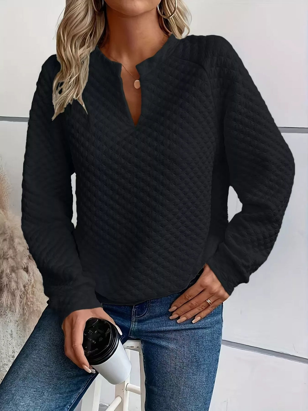 Textured Notched Raglan Sleeve Sweatshirt