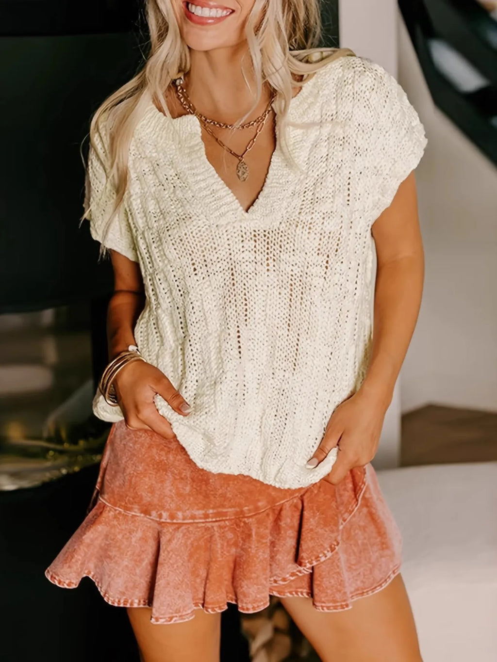 Notched Short Sleeve Sweater