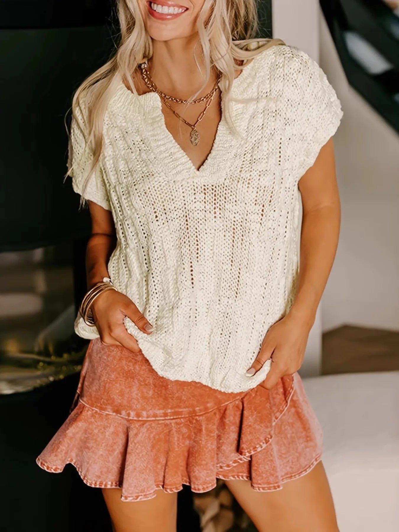 Notched Short Sleeve Sweater