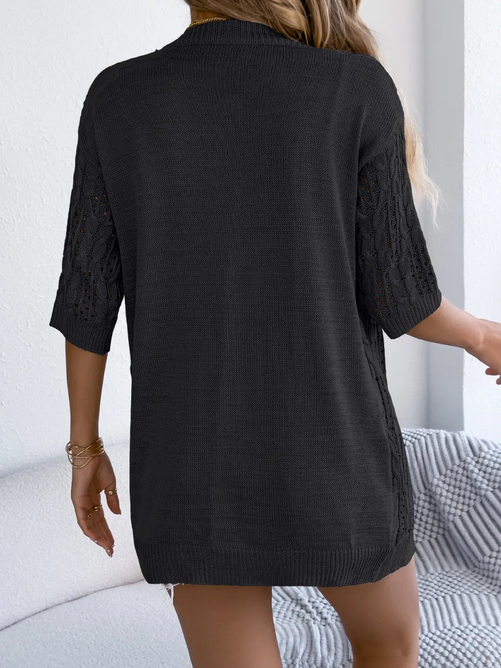 Openwork Open Front Half Sleeve Cardigan