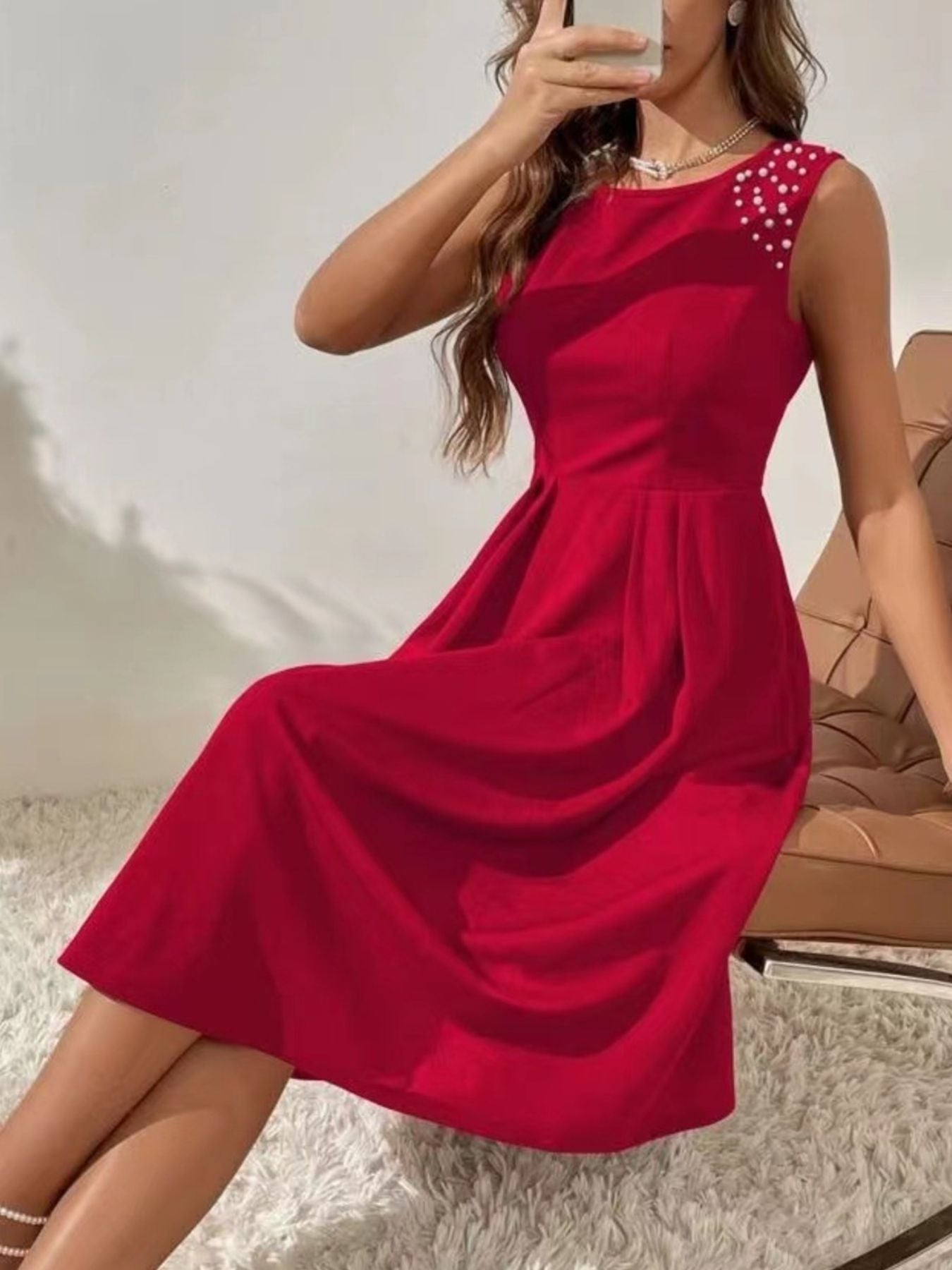 Pearl Detail Sleeveless Midi Dress