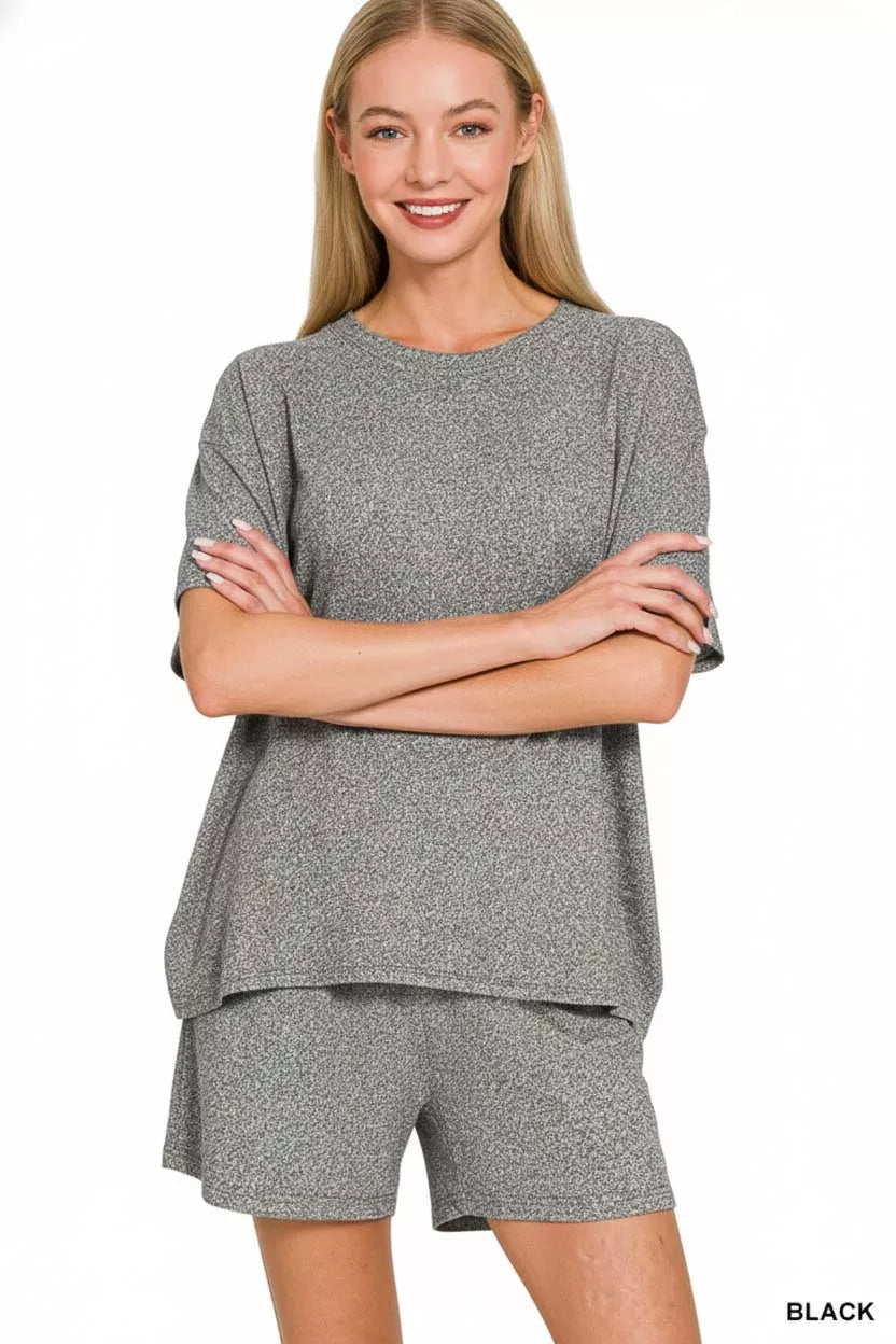 Zenana Soft Melange Short Sleeve Tee and Shorts Set
