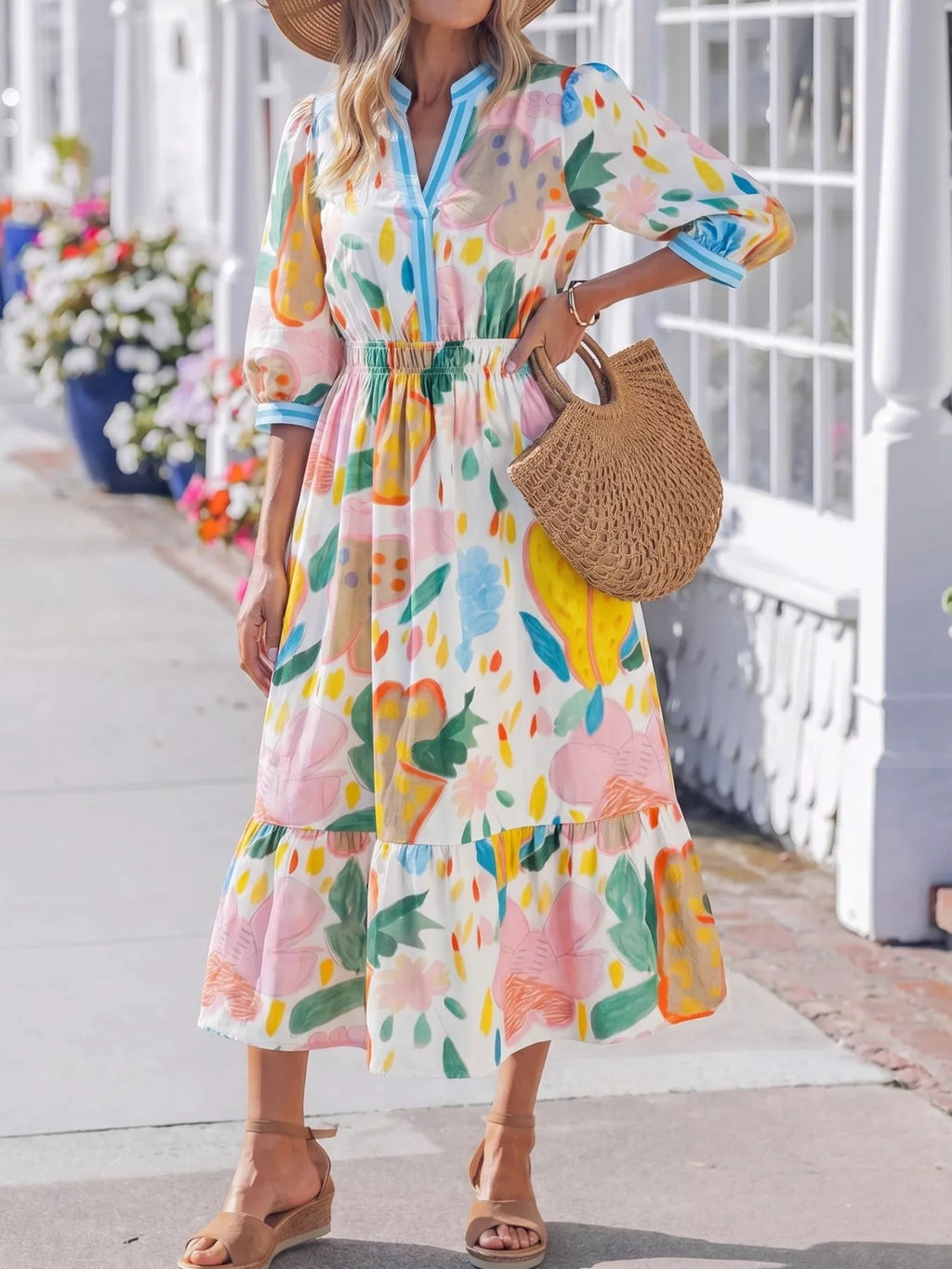 Multicolour Floral Doodle Print Striped Trim V Neck Midi Dress