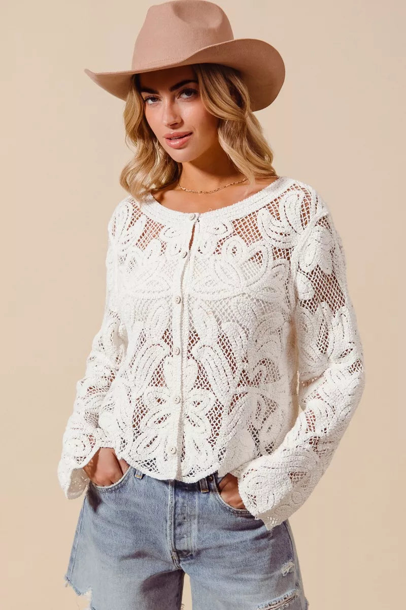 SO ME Button Front Floral Pattern Crochet Lace Cardigan