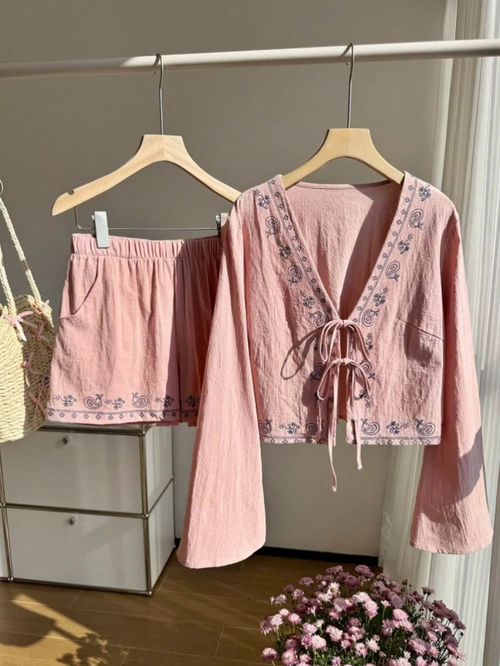 Embroidered Tie-Front Top & Shorts Set