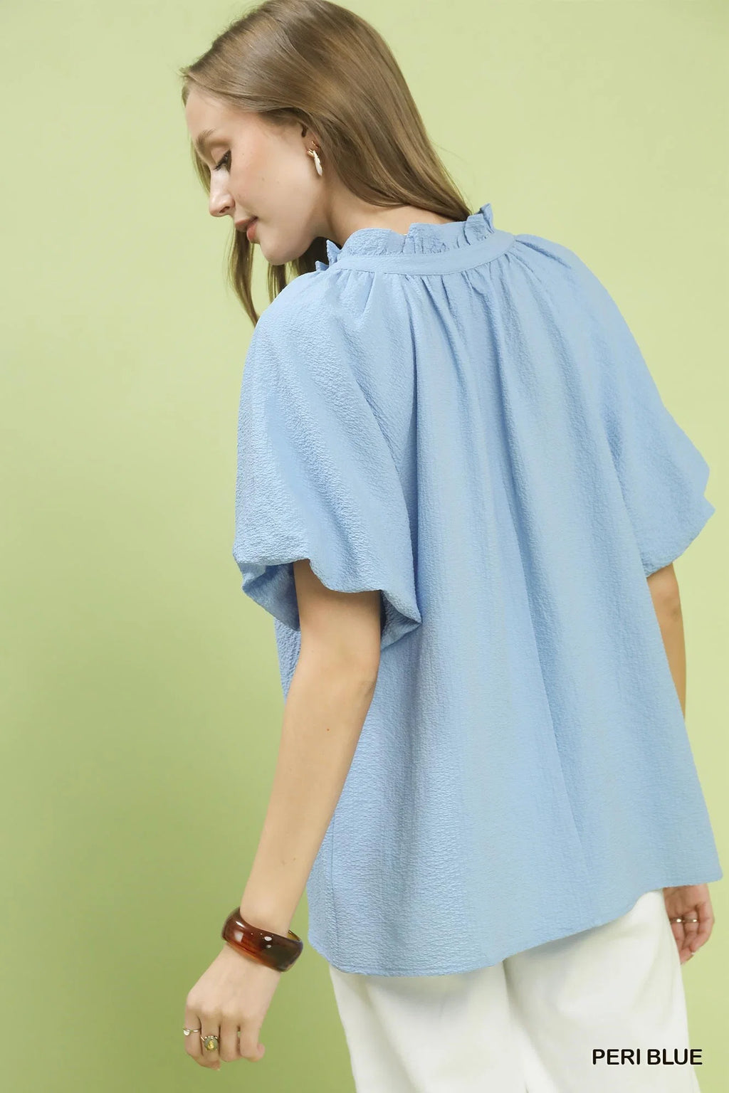 Umgee Puff Sleeve Ruffle Neck Tunic Blouse