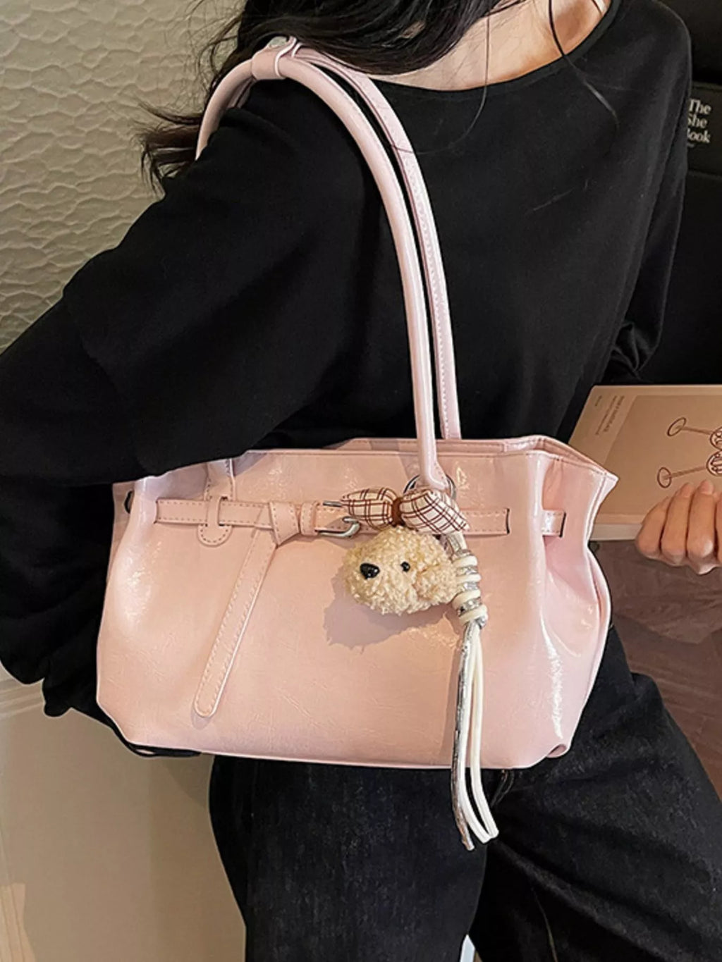 Leather Shoulder Bag with Dog Charm