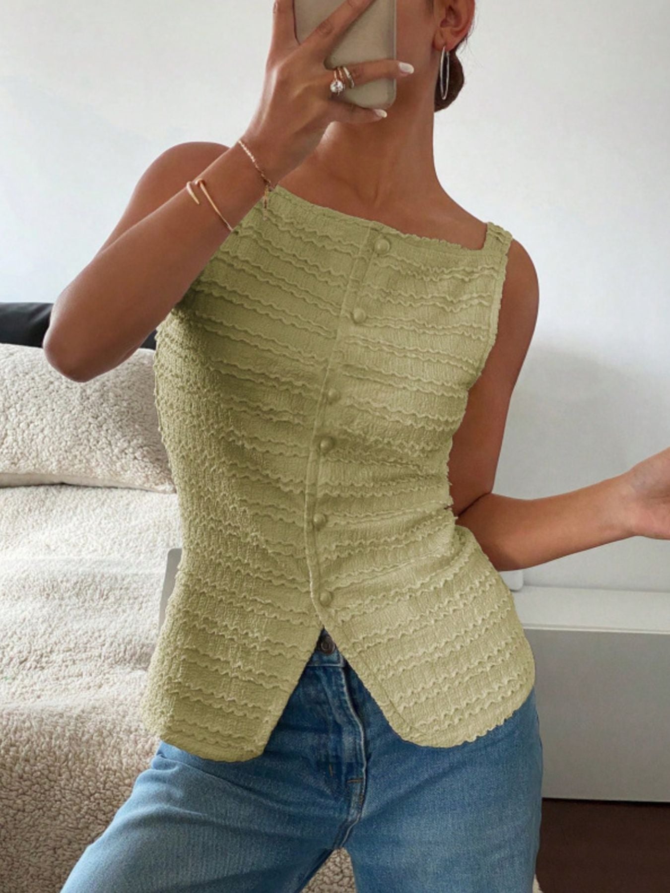 Textured Button-Front Tank