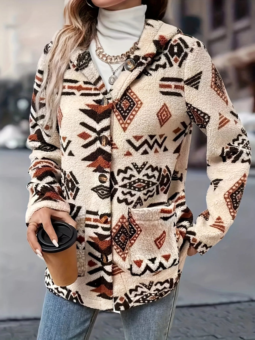 Ethnic Pattern Button-Up Fleece Outerwear