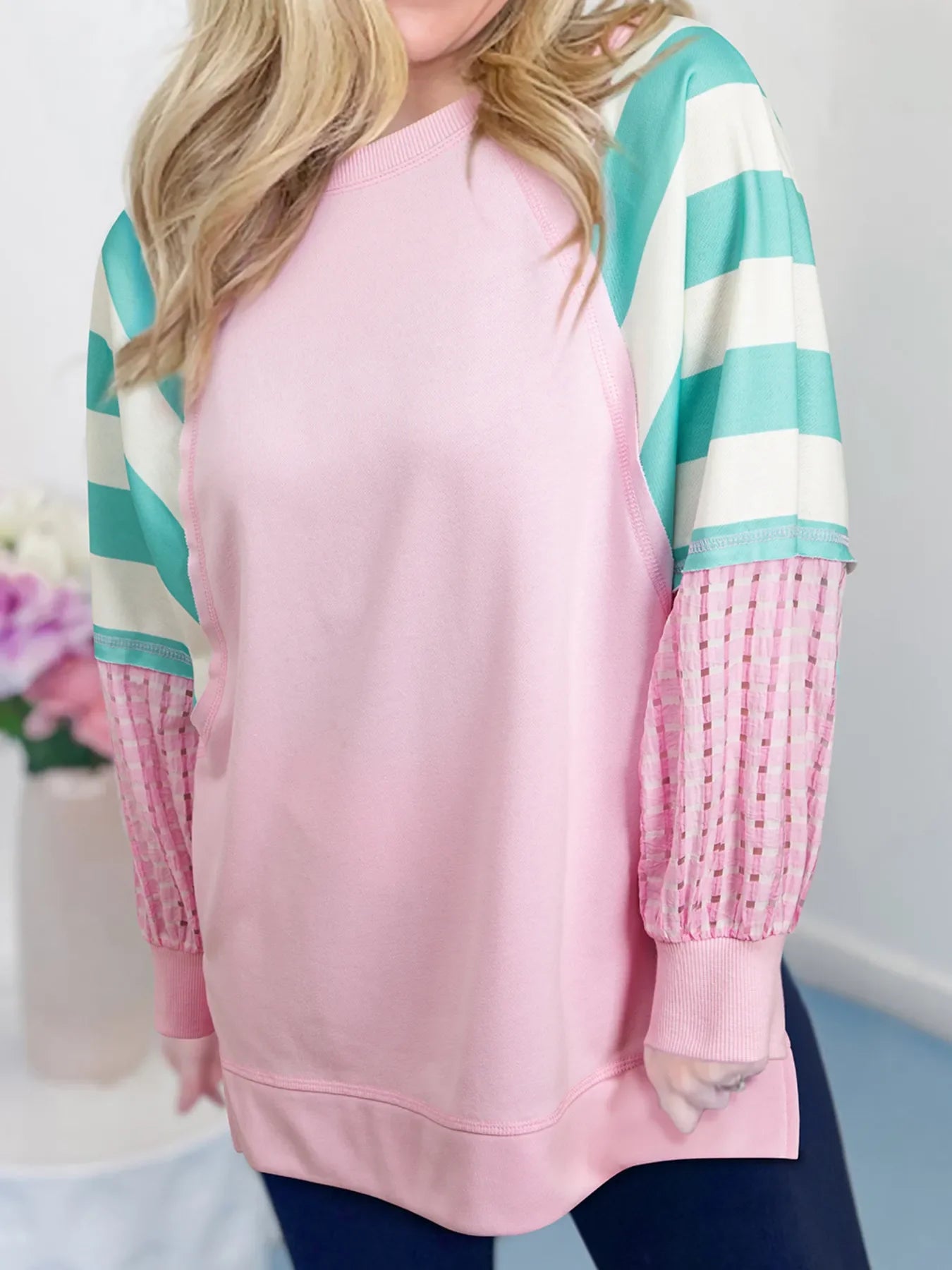 Striped Color Block Patchwork Raglan Sleeve Top with Slits