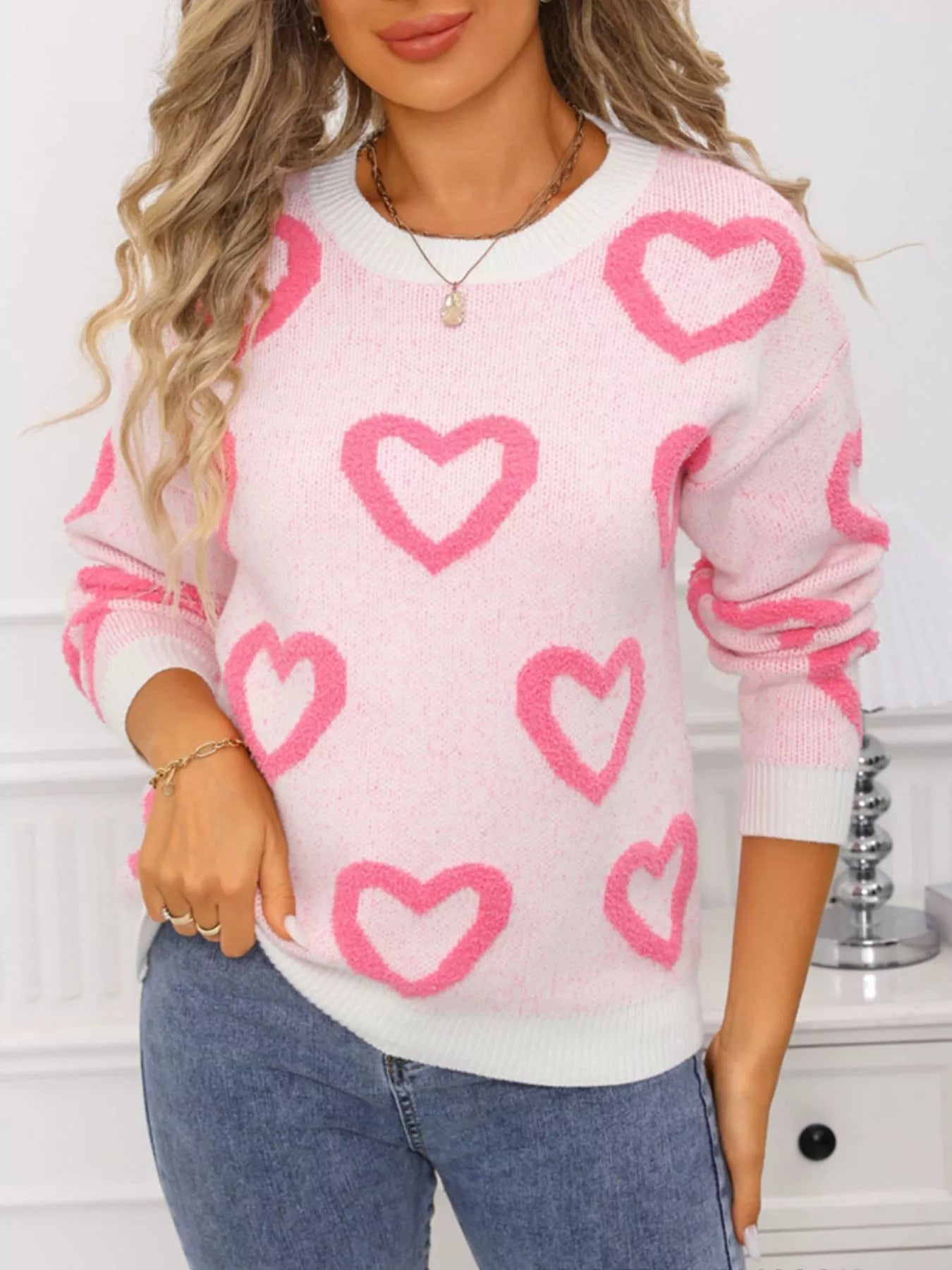 Valentine's Day Heart Pattern Round Neck Sweater